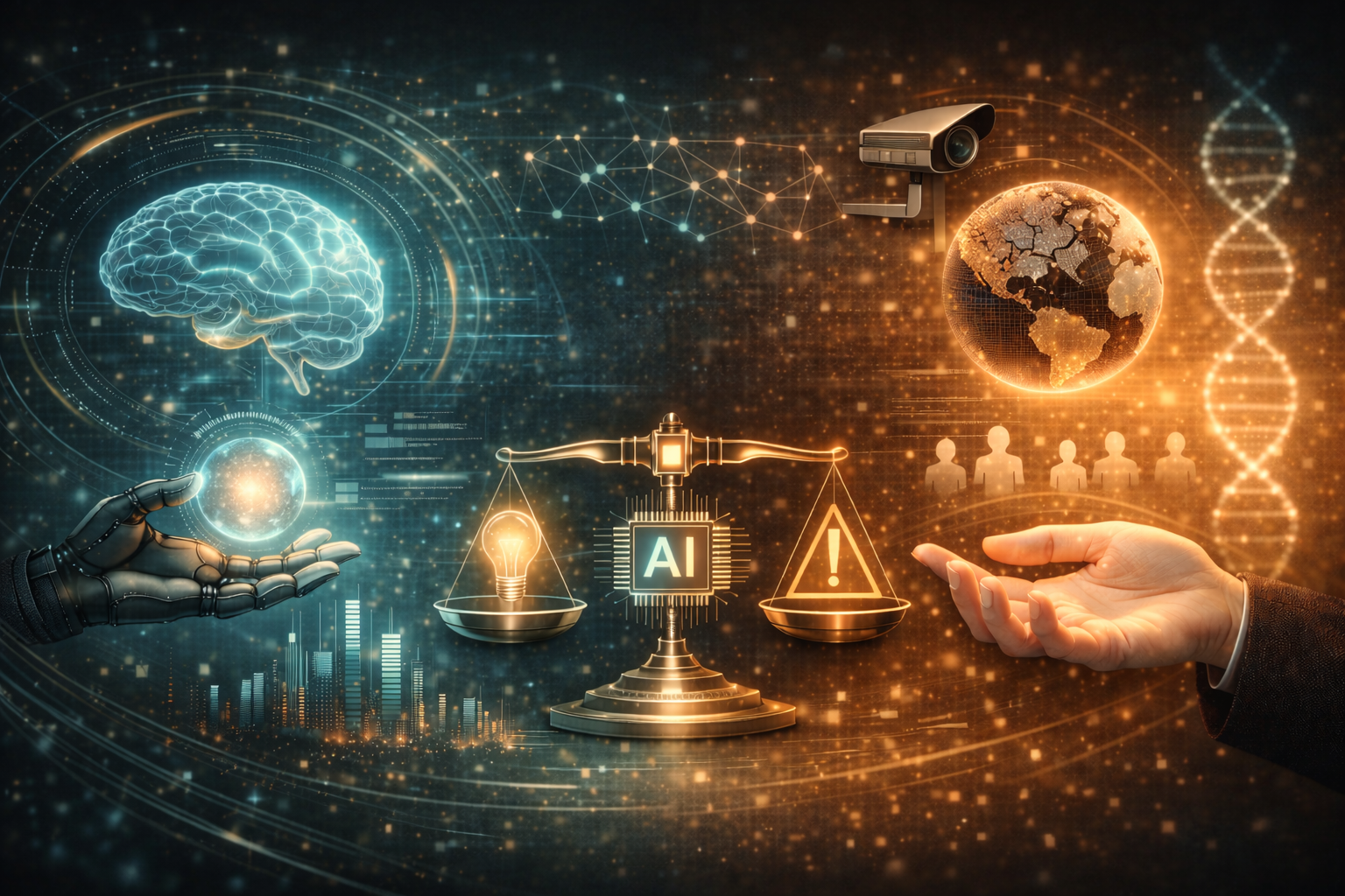 Digitale Darstellung von KI mit Gehirn, Waage und Globus zwischen Mensch und Roboterhand